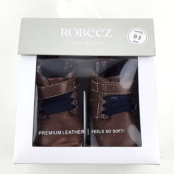 Robeez First Kicks Shoes Soft Brown Premium Leather Baby Navy Plaid Sz 0-3 Month - Picture 3 of 15